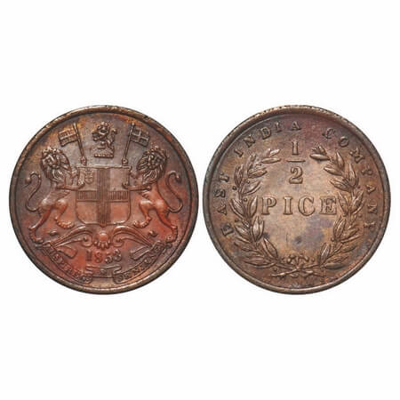 Victoria Queen, Copper, 1/2 Pice, 1853, Calcutta Mint, B/I, Elongated beads above year num