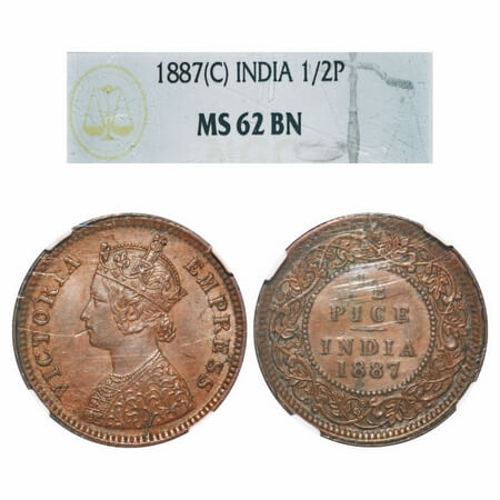 Victoria Empress, Copper, 1/2 Pice, 1887, Calcutta Mint, A/I, No mint mark. F. Prid 719. G