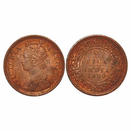 Victoria Empress, Copper, 1/2 Pice, 1889, Calcutta Mint, A/I, No mint mark, Ghost on Rev. 