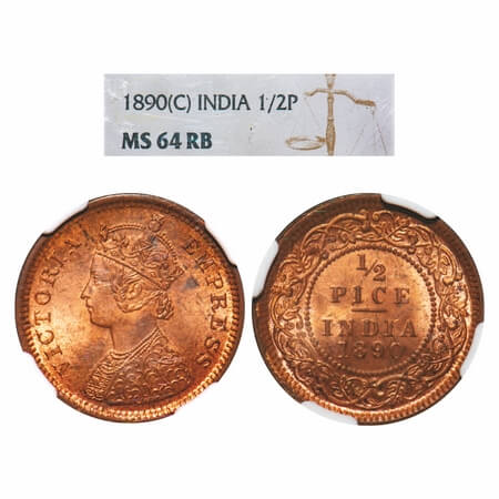 Victoria Empress, Copper, 1/2 Pice, 1890, Calcutta Mint, A/I, No mint mark. F. Prid. GK 87