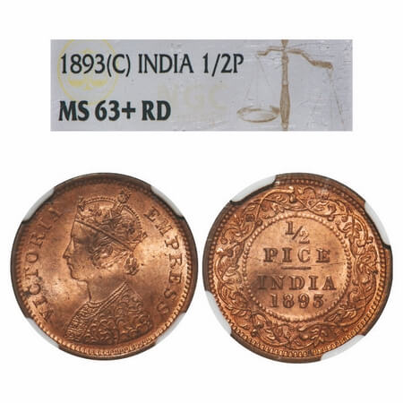 Victoria Empress, Copper, 1/2 Pice, 1893, Calcutta Mint, A/I, No mint mark. F. Prid 726. G