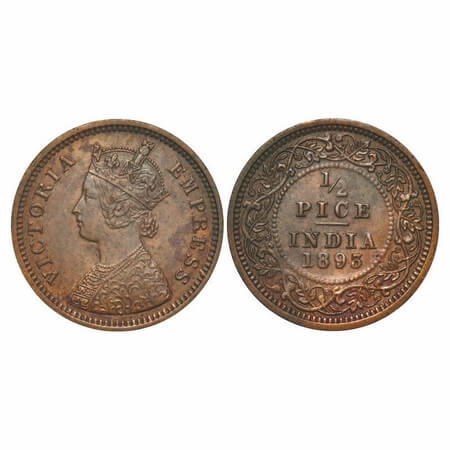 Victoria Empress, Copper, 1/2 Pice, 1893, Calcutta Mint, A/I, No mint mark. F. Prid 726. G
