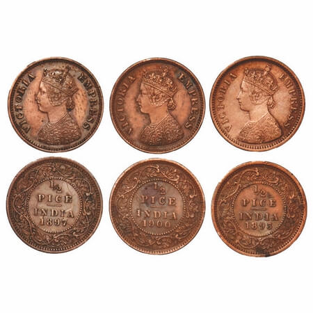 Victoria Empress, Copper, 1/2 Pic, (3 coins), 1893, 1897, 1900, Calcutta Mint, A/I, No min