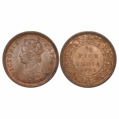 Victoria Empress, Copper, 1/2 Pice, 1894, Calcutta Mint, A/I, No mint mark, Ghost on Rev, 