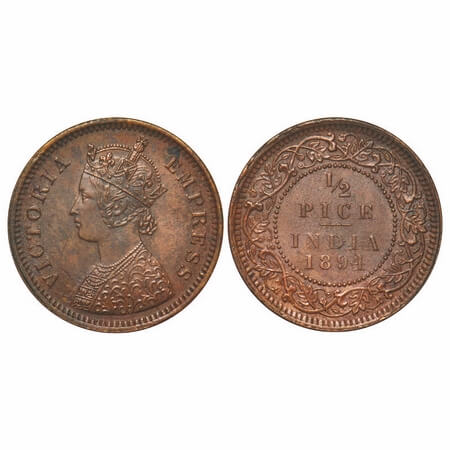 Victoria Empress, Copper, 1/2 Pice, 1894, Calcutta Mint, A/I, No mint mark, Error, Struck 