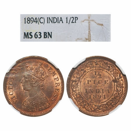 Victoria Empress, Copper, 1/2 Pice, 1894, Calcutta Mint, A/I, No mint mark. F. Prid 727. G