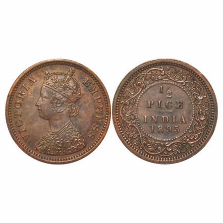 Victoria Empress, Copper, 1/2 Pice, 1895, Calcutta Mint, A/I, No mint mark. F. Prid 728. G