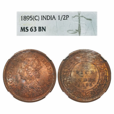 Victoria Empress, Copper, 1/2 Pice, 1895, Calcutta Mint, A/I, No mint mark. F. Prid 728. G