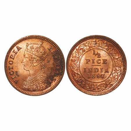 Victoria Empress, Copper, 1/2 Pice, 1897, Calcutta Mint, A/I, No mint mark, Mechanical die