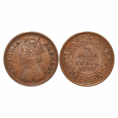 Victoria Empress, Copper, 1/2 Pice, 1897, Calcutta Mint, A/I, No mint mark, Ghost on Rev, 