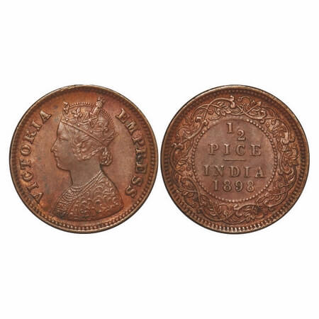 Victoria Empress, Copper, 1/2 Pice, 1898, Calcutta Mint, A/I, No mint mark. F. Prid 731. G