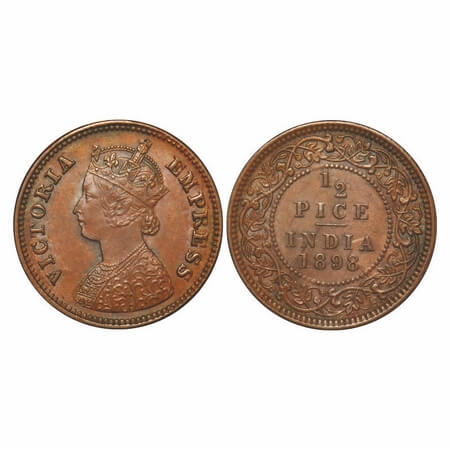 Victoria Empress, Copper, 1/2 Pice, 1898, Calcutta Mint, A/I, No mint mark, Ghost on Rev. 
