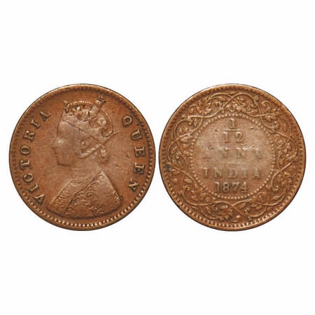 Victoria Queen, Copper, 1/12 Anna, 1874, Calcutta Mint, Obv A, No mint mark. F. Prid 783. 