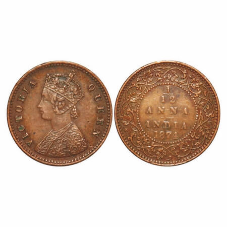 Victoria Queen, Copper, 1/12 Anna, 1874, Calcutta Mint, Obv A, No mint mark. F. Prid 783. 