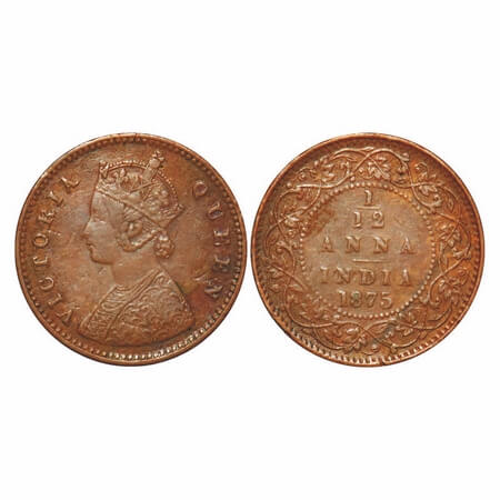 Victoria Queen, Copper, 1/12 Anna, 1875, Calcutta Mint, Obv A, No mint mark. F. Prid 784. 