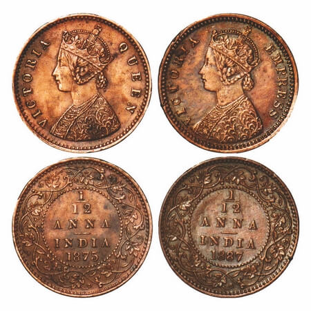 Victoria Queen & Empress, Copper, 1/12 Anna, (2 coins), 1) 1875, Calcutta Mint, Obv A, No
