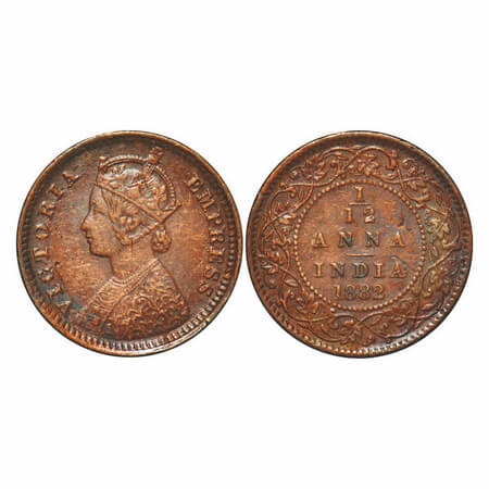 Victoria Empress, Copper, 1/12 Anna, 1882, Calcutta Mint, Obv B, 'C' incused. F. Prid 788.