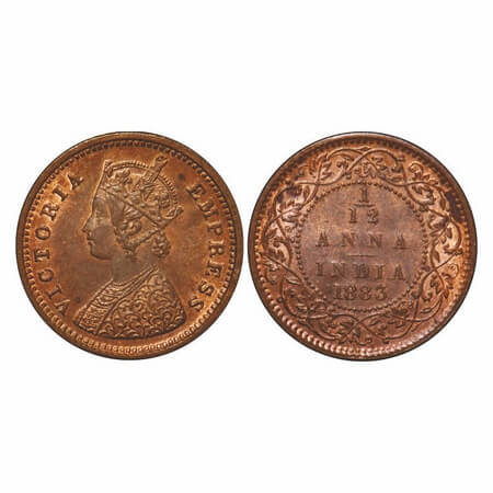 Victoria Empress, Copper, 1/12 Anna, 1883, Bombay Mint, Obv A, No mint mark. F. Prid 811. 