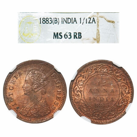 Victoria Empress, Copper, 1/12 Anna, 1883, Bombay Mint, Obv A, No mint mark. F. Prid 811. 