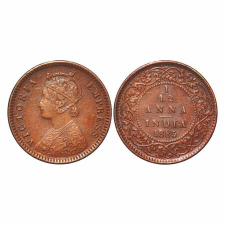 Victoria Empress, Copper, 1/12 Anna, 1885, Calcutta Mint, Obv B, No mint mark. F. Prid 790