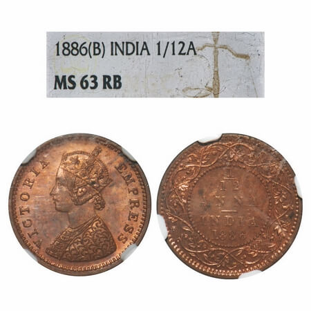 Victoria Empress, Copper, 1/12 Anna, 1886, Bombay Mint, Obv A, No mint mark. F. Prid 813. 