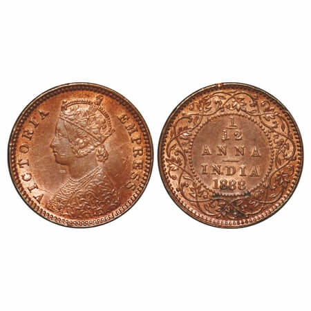 Victoria Empress, Copper, 1/12 Anna, 1888, Calcutta Mint, Obv B, No mint mark, Die cracks 