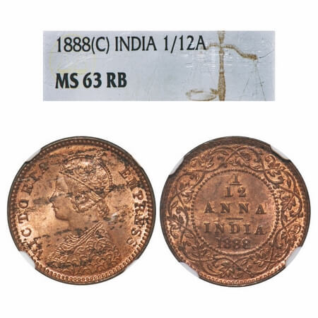 Victoria Empress, Copper, 1/12 Anna, 1888, Calcutta Mint, Obv B, No mint mark. F. Prid 793