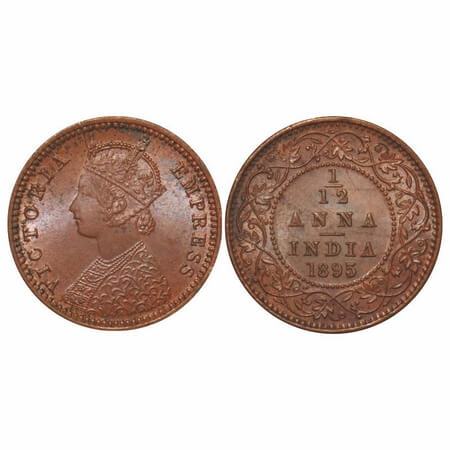 Victoria Empress, Copper, 1/12 Anna, 1895, Calcutta Mint, Obv B, No mint mark, A privy mar