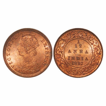 Victoria Empress, Copper, 1/12 Anna, 1897, Calcutta Mint, Obv B, No mint mark. F. Prid 802