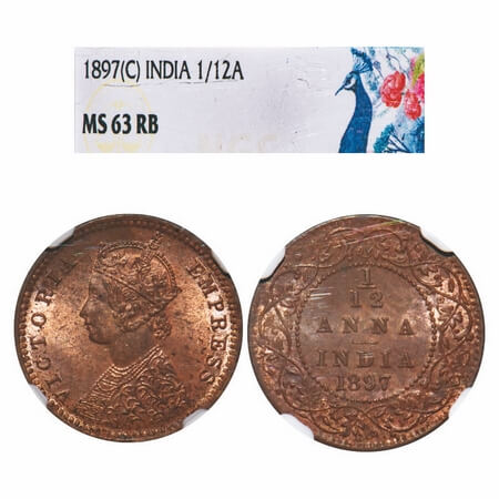 Victoria Empress, Copper, 1/12 Anna, 1897, Calcutta Mint, Obv B, No mint mark. F. Prid 802