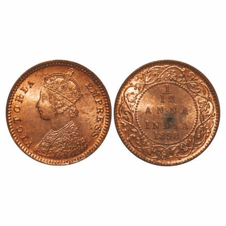 Victoria Empress, Copper, 1/12 Anna, 1898, Calcutta Mint, Obv B, No mint mark. F. Prid 803
