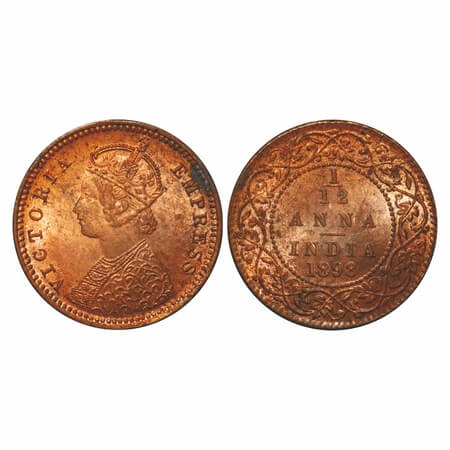 Victoria Empress, Copper, 1/12 Anna, 1898, Calcutta Mint, Obv B, No mint mark, Die crack o