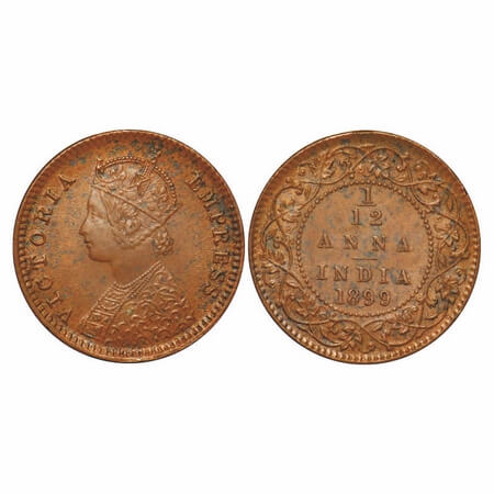 Victoria Empress, Copper, 1/12 Anna, 1899, Calcutta Mint, Obv B, No mint mark. F. Prid 804