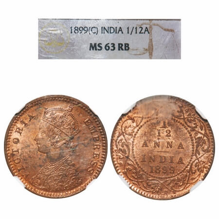 Victoria Empress, Copper, 1/12 Anna, 1899, Calcutta Mint, Obv B, No mint mark. F. Prid 804
