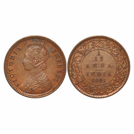 Victoria Empress, Copper, 1/12 Anna, 1901, Calcutta Mint, Obv B, No mint mark, Die crack o