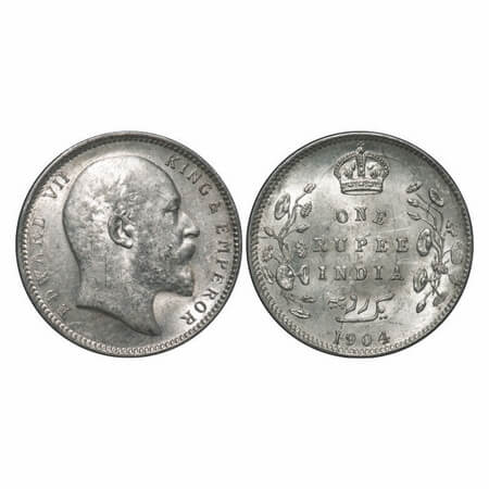 Edward VII, Silver, Rupee, 1904, Calcutta Mint, No mint mark, Normal 5 Diamonds, Die crack