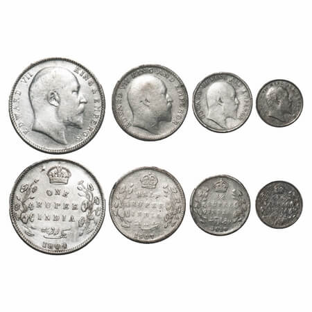 Edward VII, Silver, (4 coins), 1) Rupee, 1904, Bombay Mint, 'B' incused and dot, Five Diam