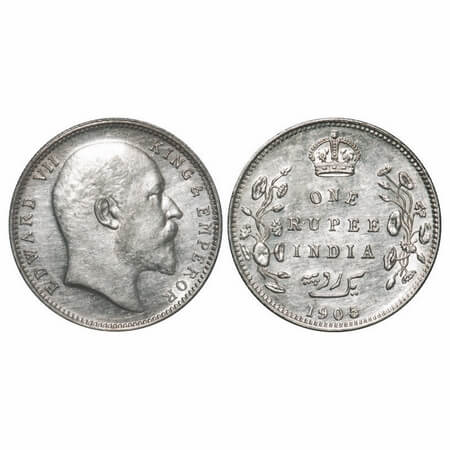 Edward VII, Silver, Rupee, 1905, Bombay Mint, B incused and dot, Top stroke of numeral 5 s