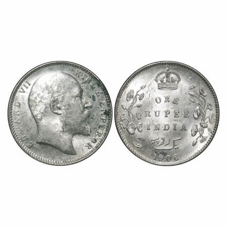 Edward VII, Silver, Rupee, 1906, Calcutta Mint, No mint mark. F. Prid 192. GK 938. About U