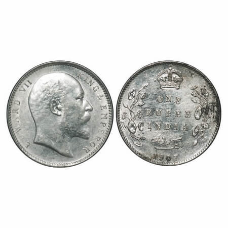 Edward VII, Silver, Rupee, 1907, Calcutta Mint, No mint mark. F. Prid 193. GK 942. About U