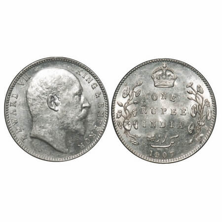 Edward VII, Silver, Rupee, 1907, Bombay Mint, 'B' incused and dot, Broad 7, Die crack on R