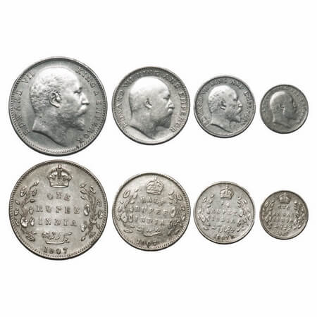 Edward VII, Silver, 1907, (4 coins), 1) Rupee, Bombay Mint, 'B' incused and dot, 2) Half R
