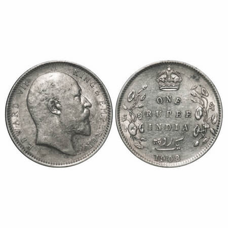 Edward VII, Silver, Rupee, 1908, Calcutta Mint, No mint mark. F. Prid 194. GK 946. Almost 
