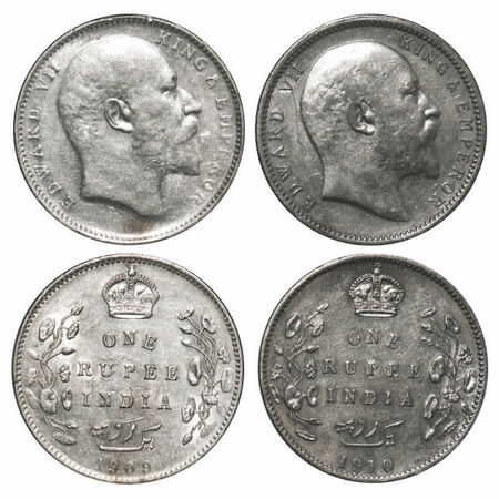 Edward VII, Silver, Rupee, (2 coins), 1) 1909, Bombay Mint, No 'B' only dot, 2) 1910, Calc