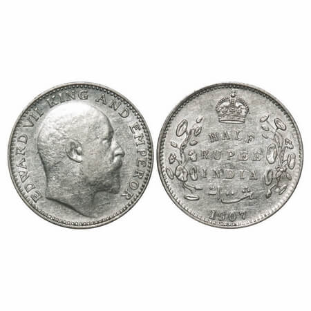 Edward VII, Silver, Half Rupee, 1907, Bombay Mint, 'B' incused and dot. F. Prid 316. GK 96