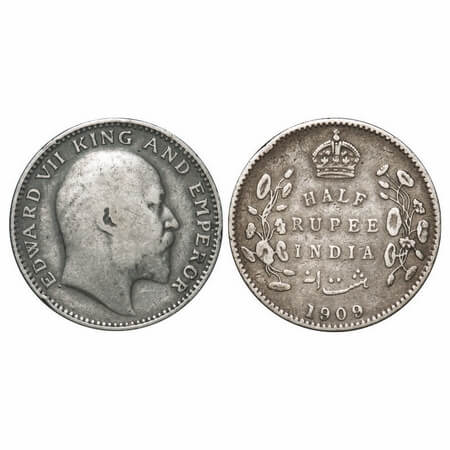 Edward VII, Silver, Half Rupee, 1909, Calcutta Mint, No mint mark. F. Prid 313. GK 969. Ve
