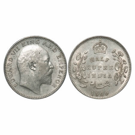 Edward VII, Silver, Half Rupee, 1909, Calcutta Mint, No mint mark. F. Prid 313. GK 969. Ab