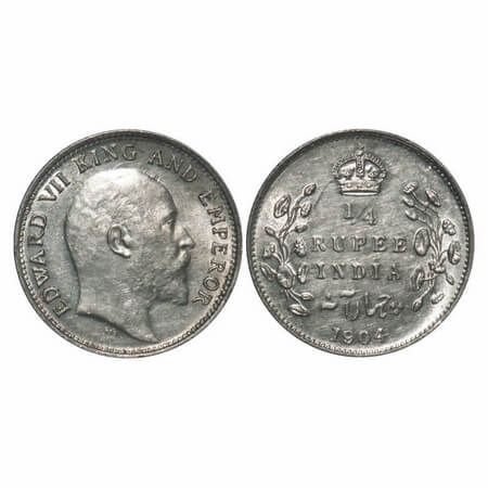 Edward VII, Silver, 1/4 Rupee, 1904, Calcutta Mint, No mint mark, Ghost on Rev. F. Prid 43