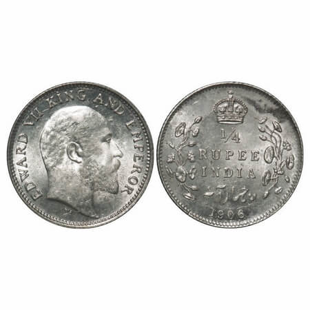 Edward VII, Silver, 1/4 Rupee, 1906, Calcutta Mint, No mint mark, Die crack on Obv. F. Pri