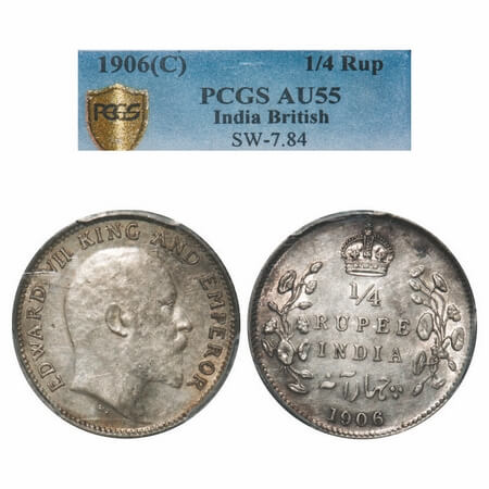 Edward VII, Silver, 1/4 Rupee, 1906, Calcutta Mint, No mint mark. F. Prid 435. GK 975. PCG